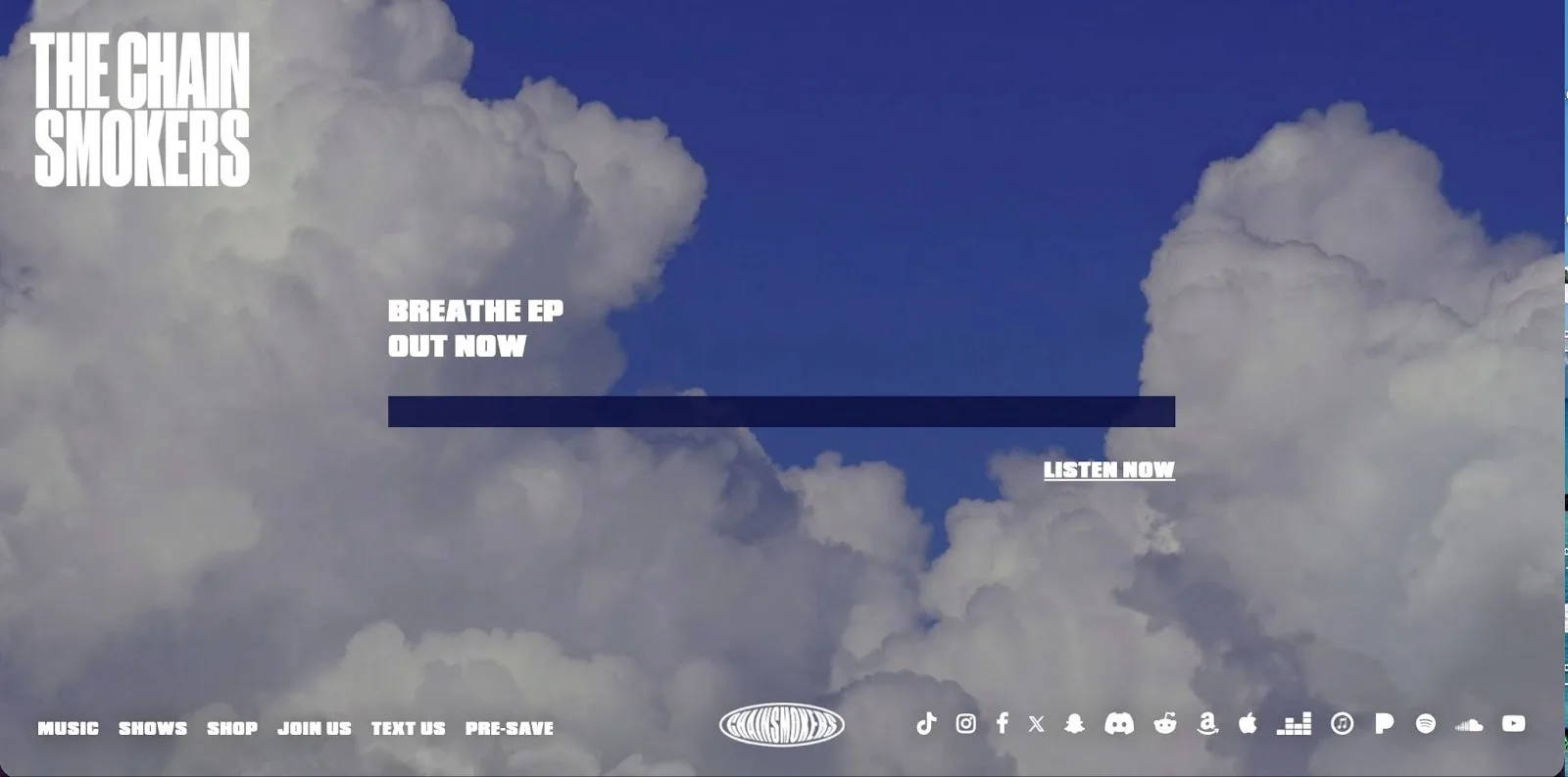 The Chainsmokers website landing page featuring a cloud background, text promoting the Breathe EP, and social links.