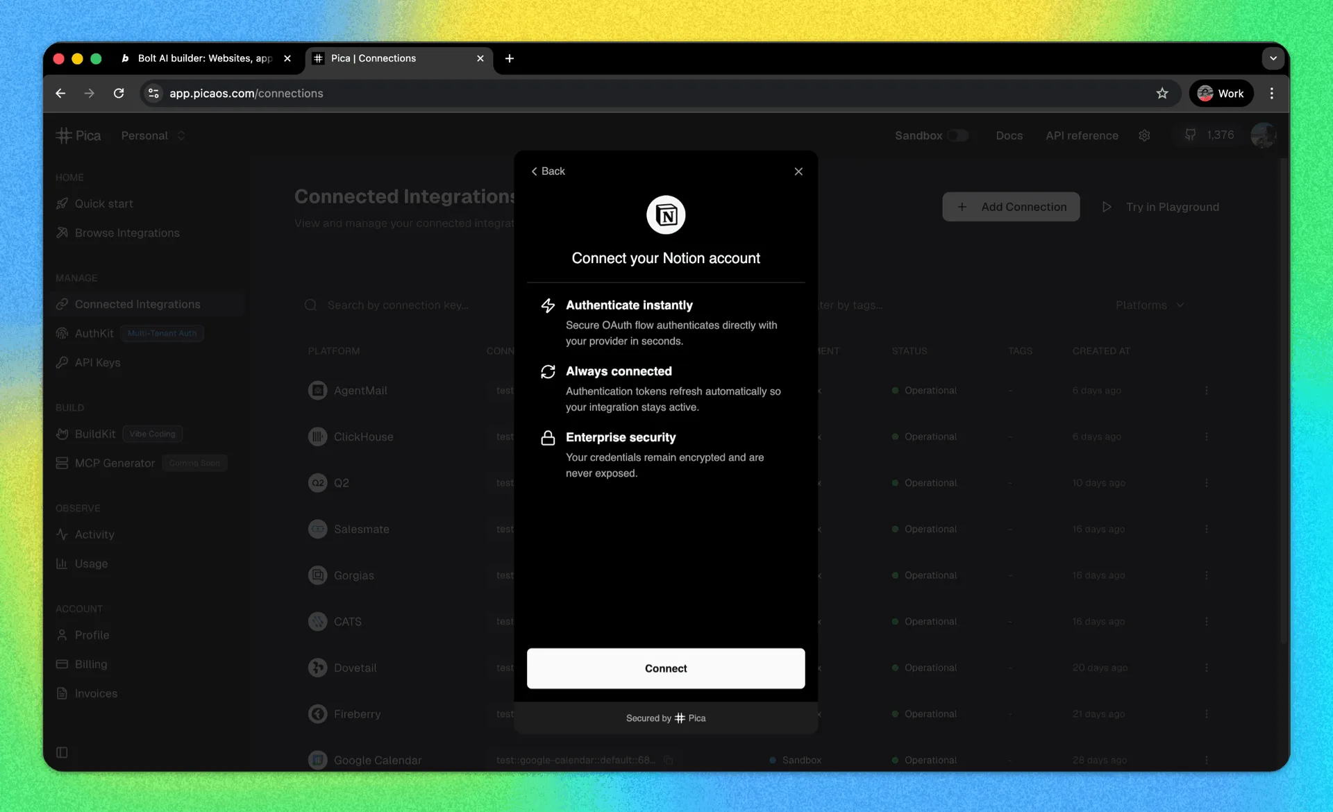 Browser window showing a modal to connect a Notion account with authentication and security features listed.