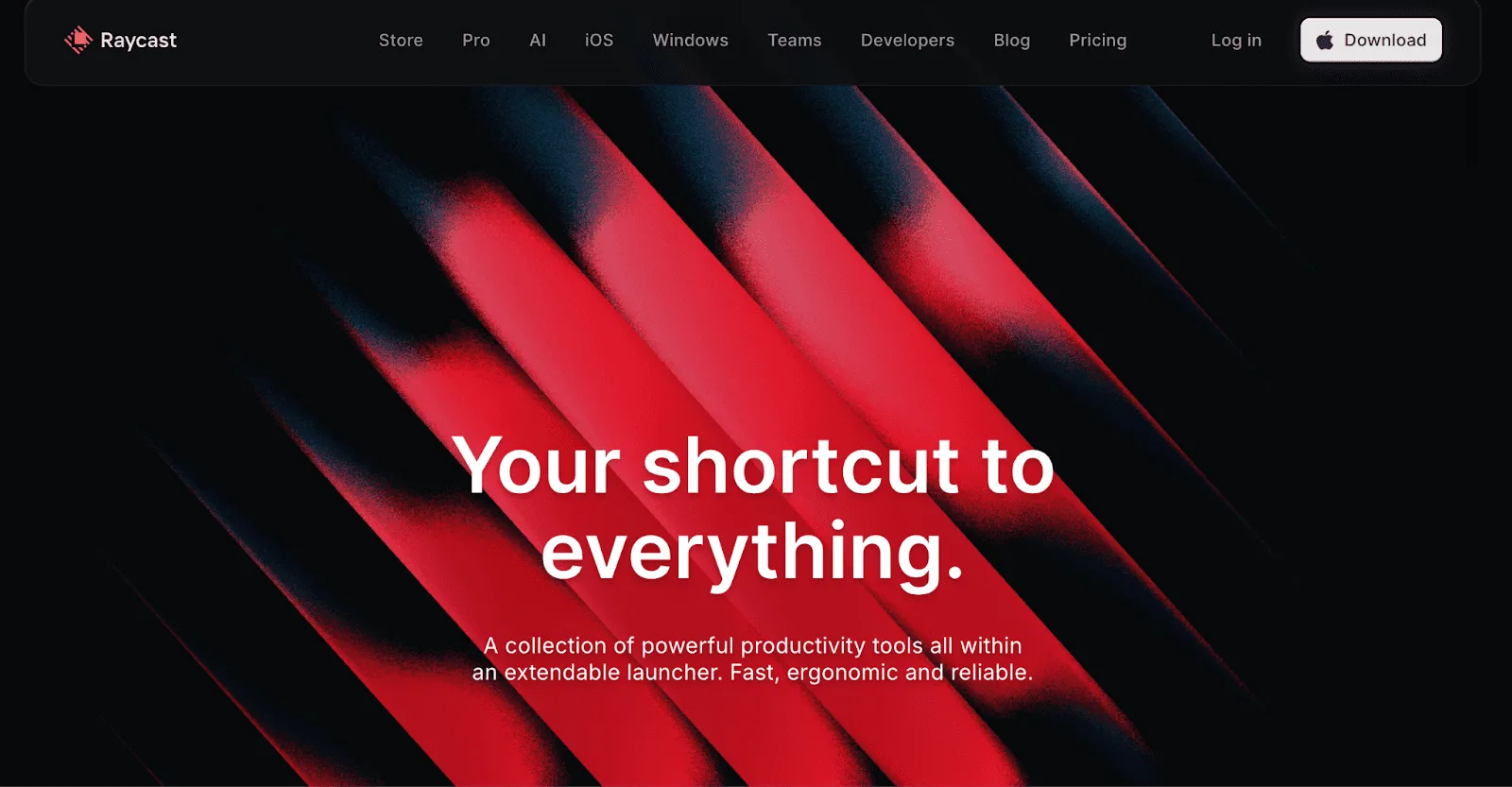Raycast homepage hero section featuring the tagline Your shortcut to everything and a red abstract background.