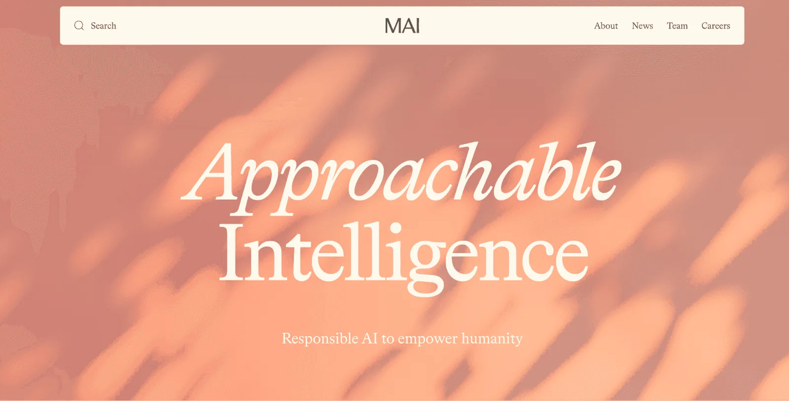 Hero section of a website with the text Approachable Intelligence and a soft, abstract peach-colored background.
