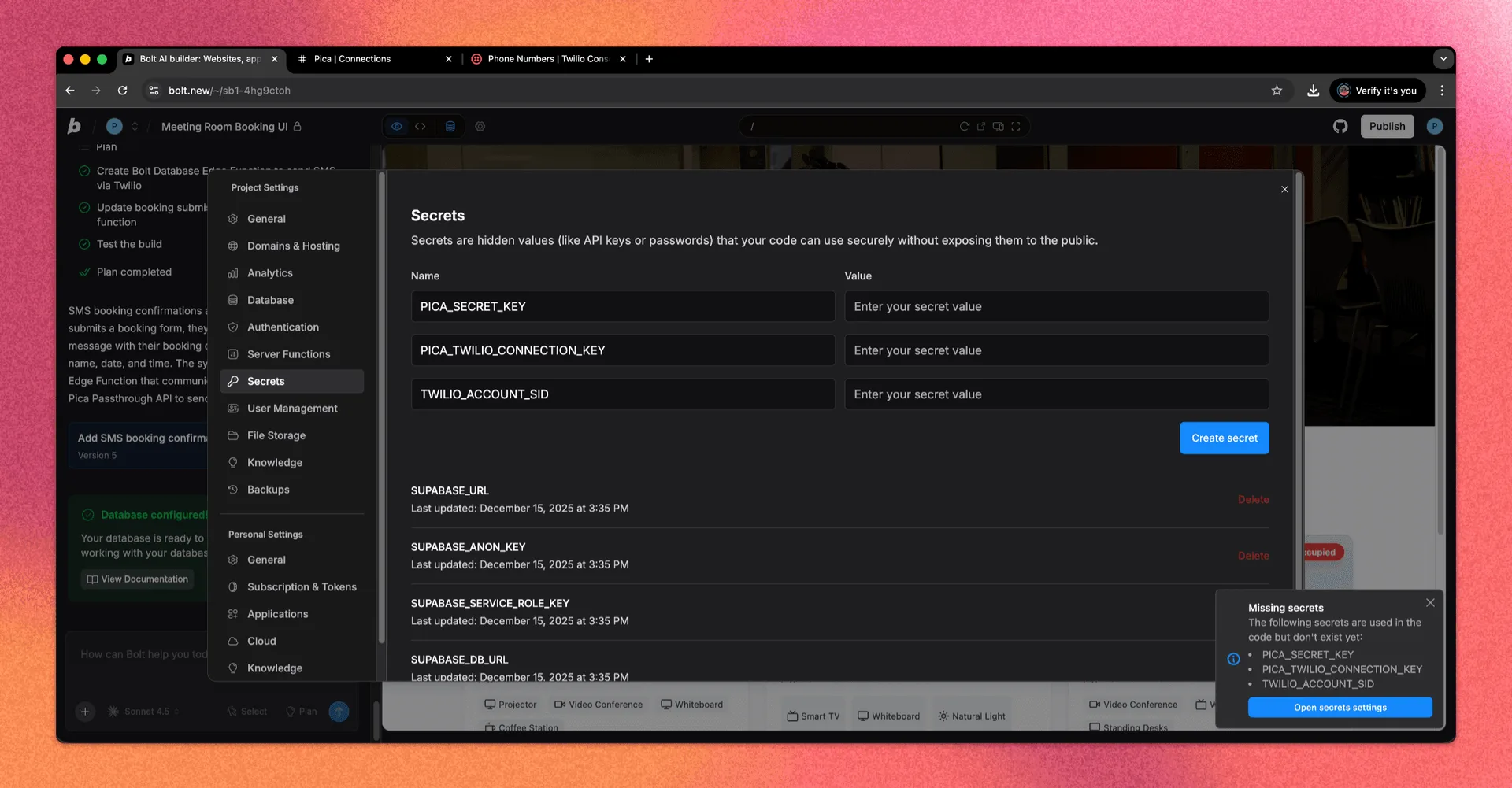 Bolt project settings modal showing the secrets management interface for API keys and environment variables.
