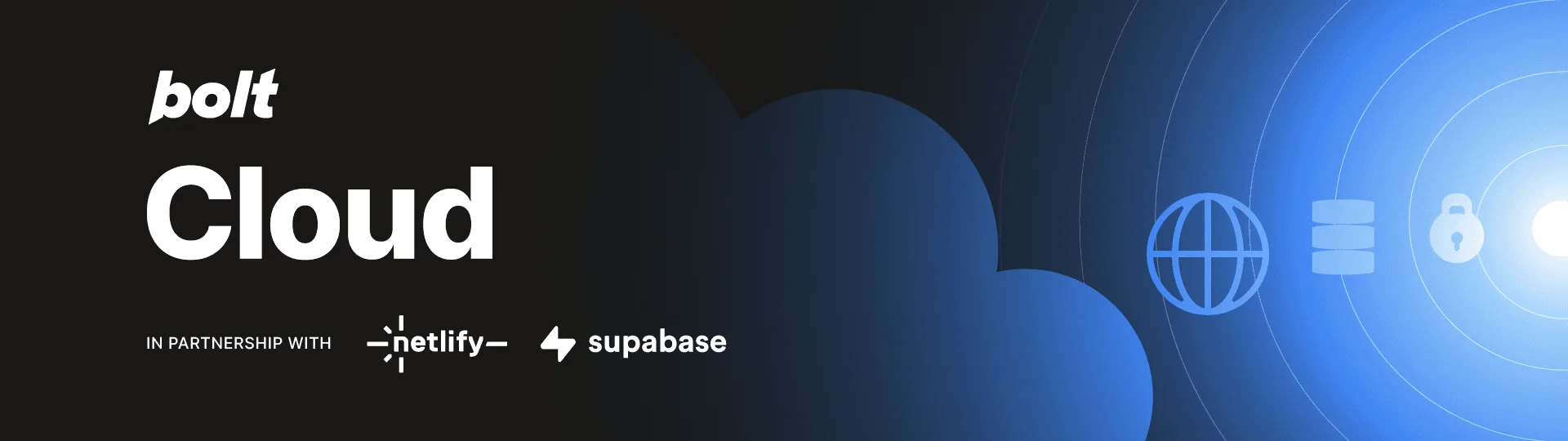 Bolt Cloud branding with Netlify and Supabase logos, featuring cloud and security icons on a blue background.