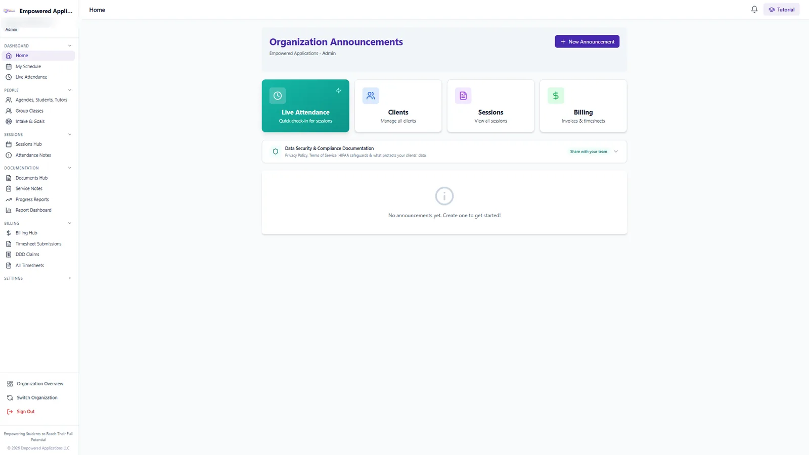 Empowered Sessions admin dashboard