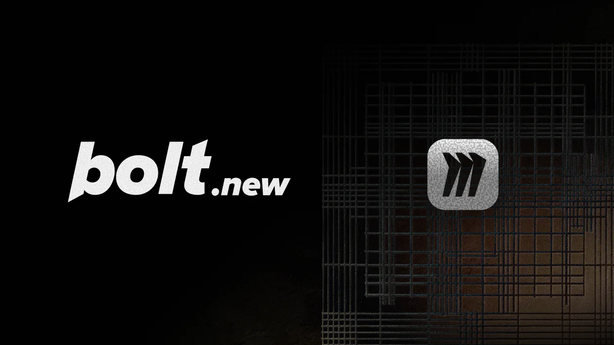 Promo graphic: 'Everything you need in Miro, now in Bolt,' with the Miro and bolt.new logos on a dark wireframe background.