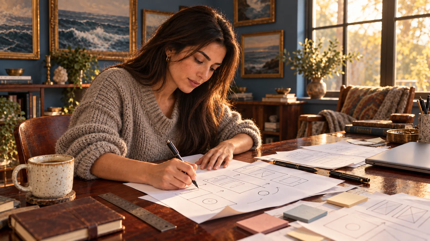 A person sketching an app layout with boxes and arrows on paper at a desk, a closed laptop beside them.