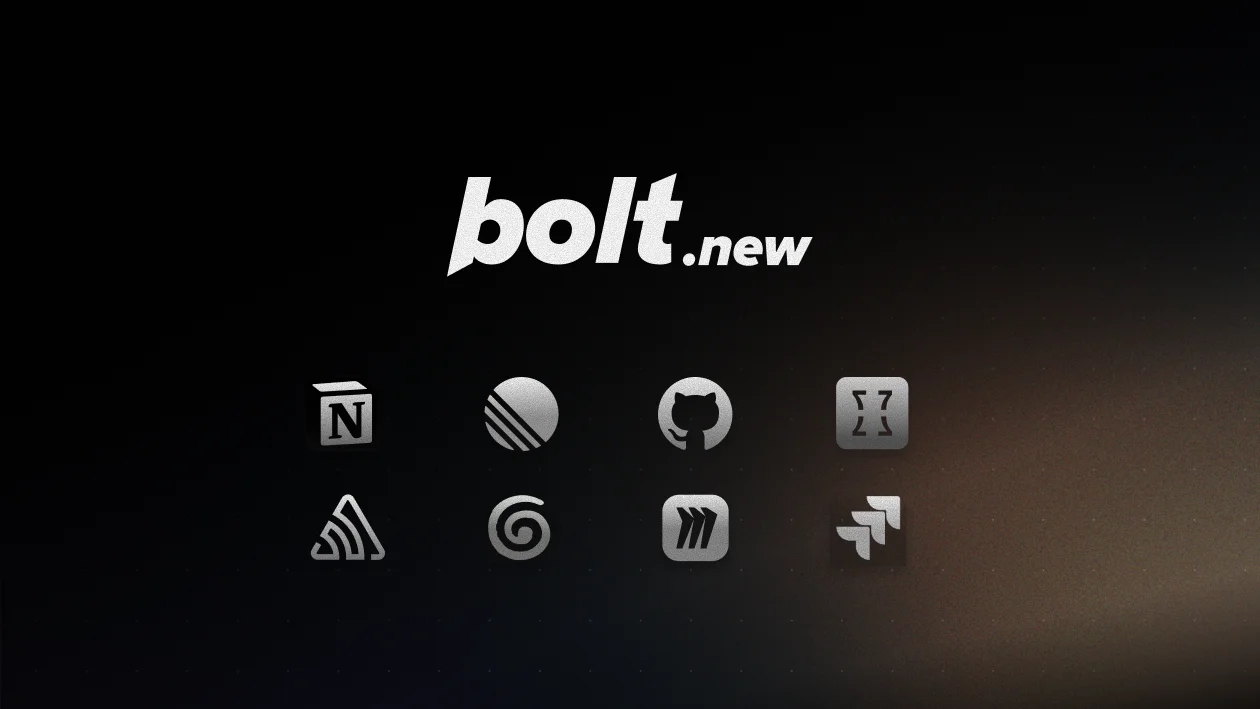 Promo graphic: 'Your company's context, now in Bolt,' with the bolt.new logo and the eight Connector tool icons on a dark wireframe background.