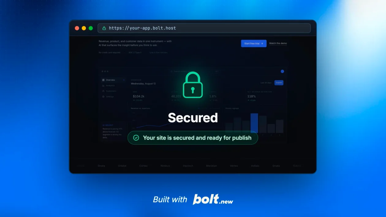 Bolt publish menu showing the Run security audit button and a mitigated-risk score