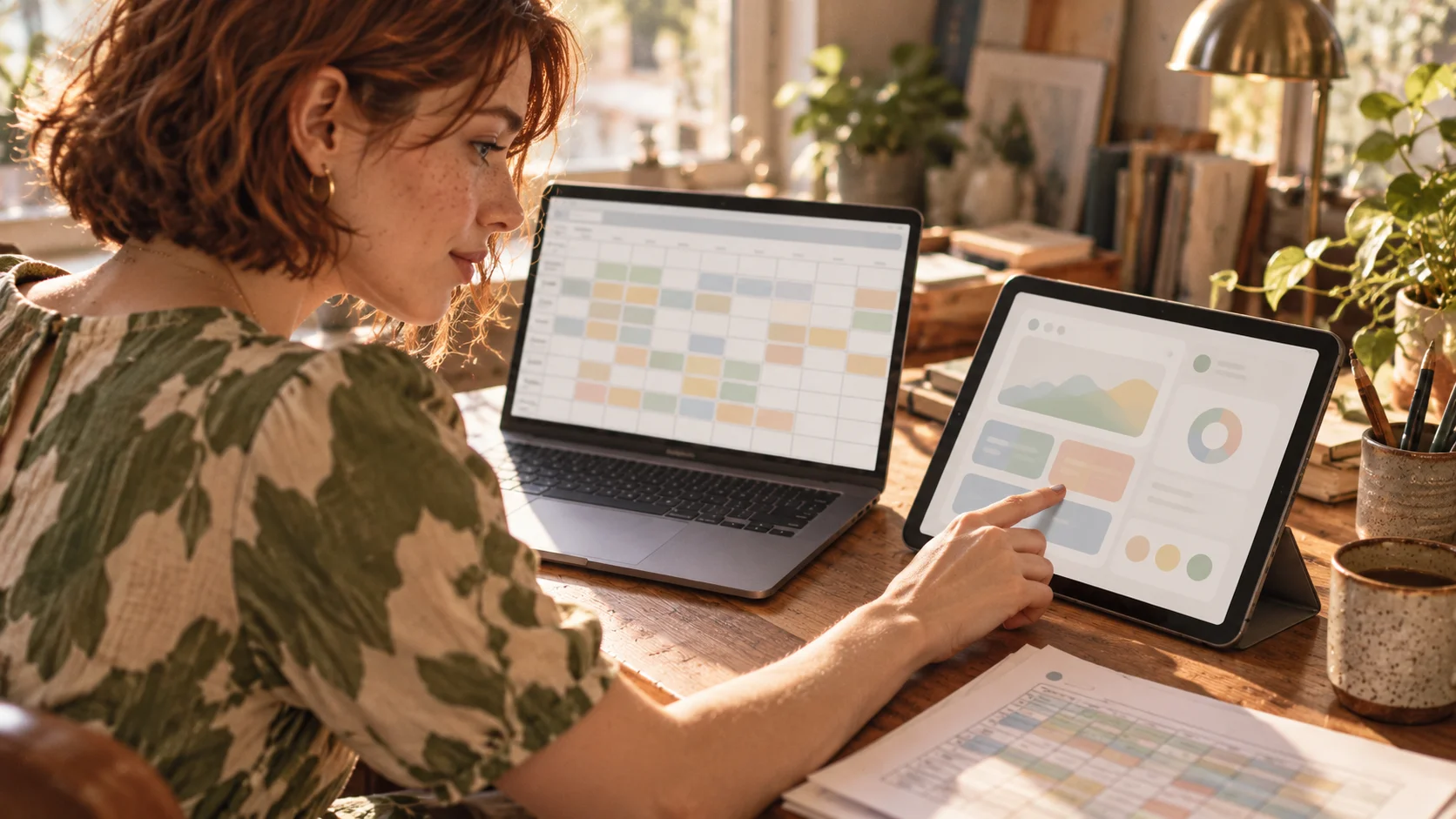 A laptop showing a spreadsheet beside a tablet running a finished app, with a hand tapping the tablet and a printed spreadsheet set aside.