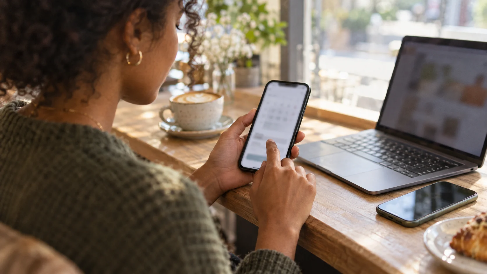 A person testing an app on a smartphone at a cafe counter, with a second phone and a laptop beside them.
