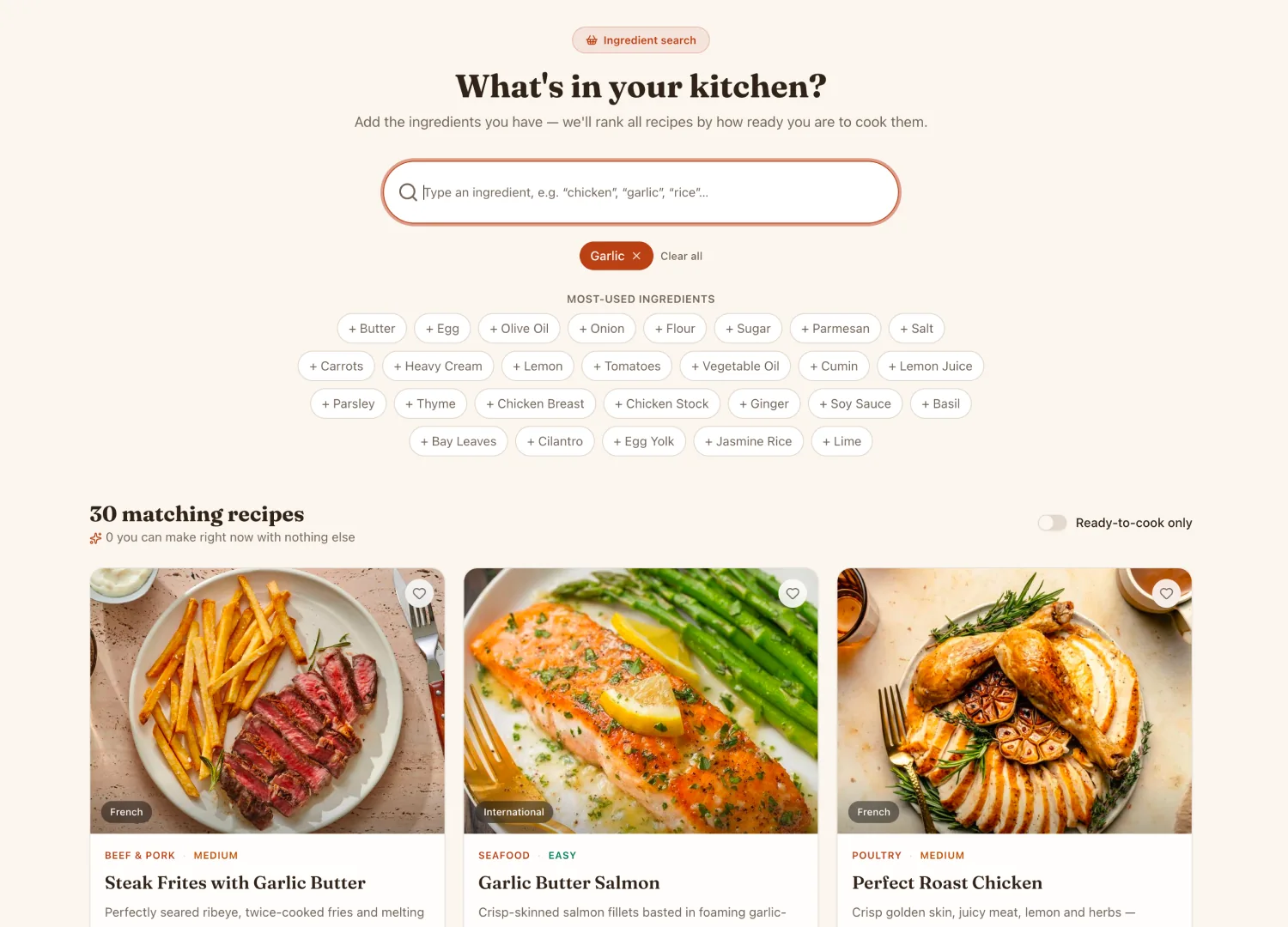 Recipe Finder template — screen 3